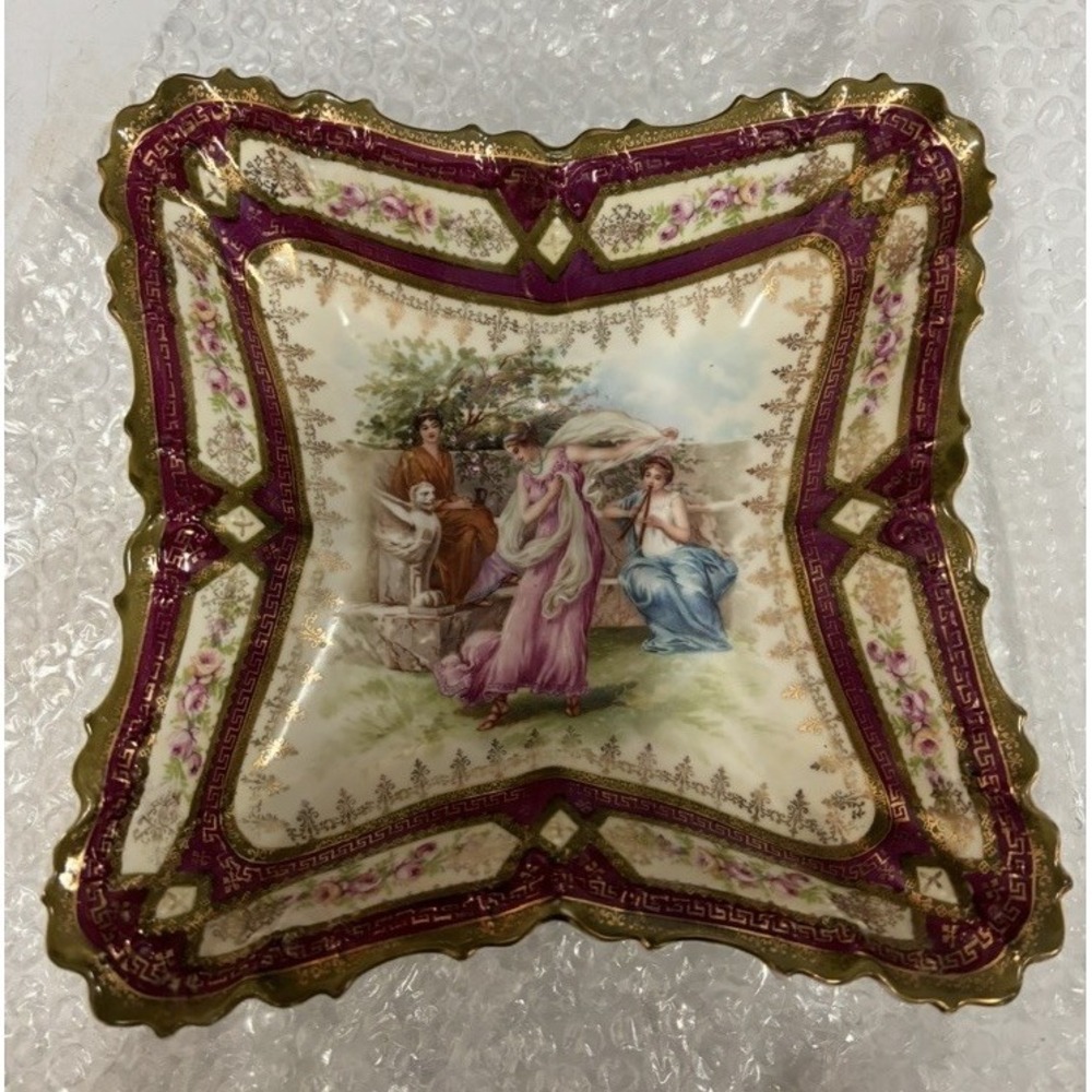 Anyique Hand-Painted Porcelain Bowl-Royal Vienna Style-Burgundy Gold Trim